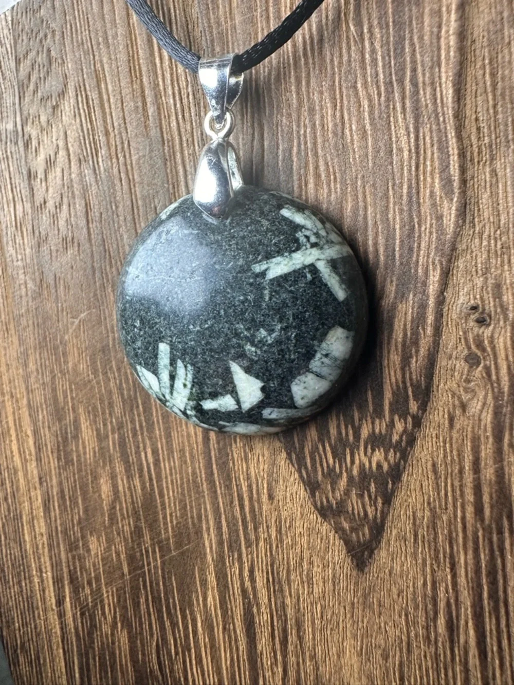 Round Chinese Writing Stone Pendant Necklace on Black Rope, Sterling Silver
